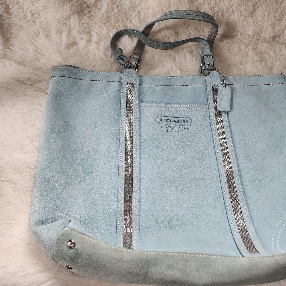 Vintage Coach Powder Blue Gallery Tote Soft Split Suede Metallic Beaded Trim Y2K - Picture 9 of 16
